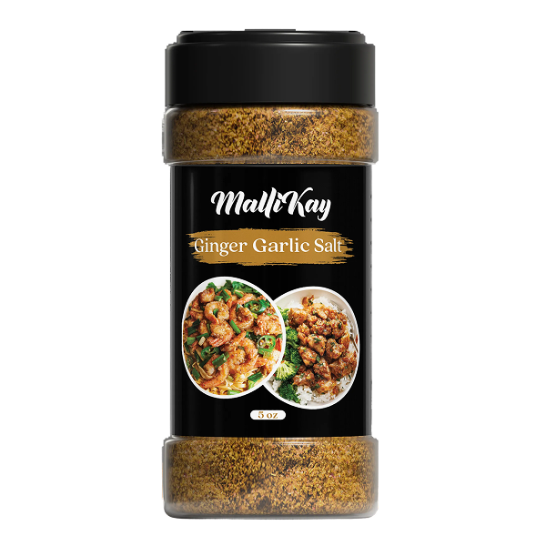 MuthKay Ginger Garlic Salt seasoning bottle with food images.